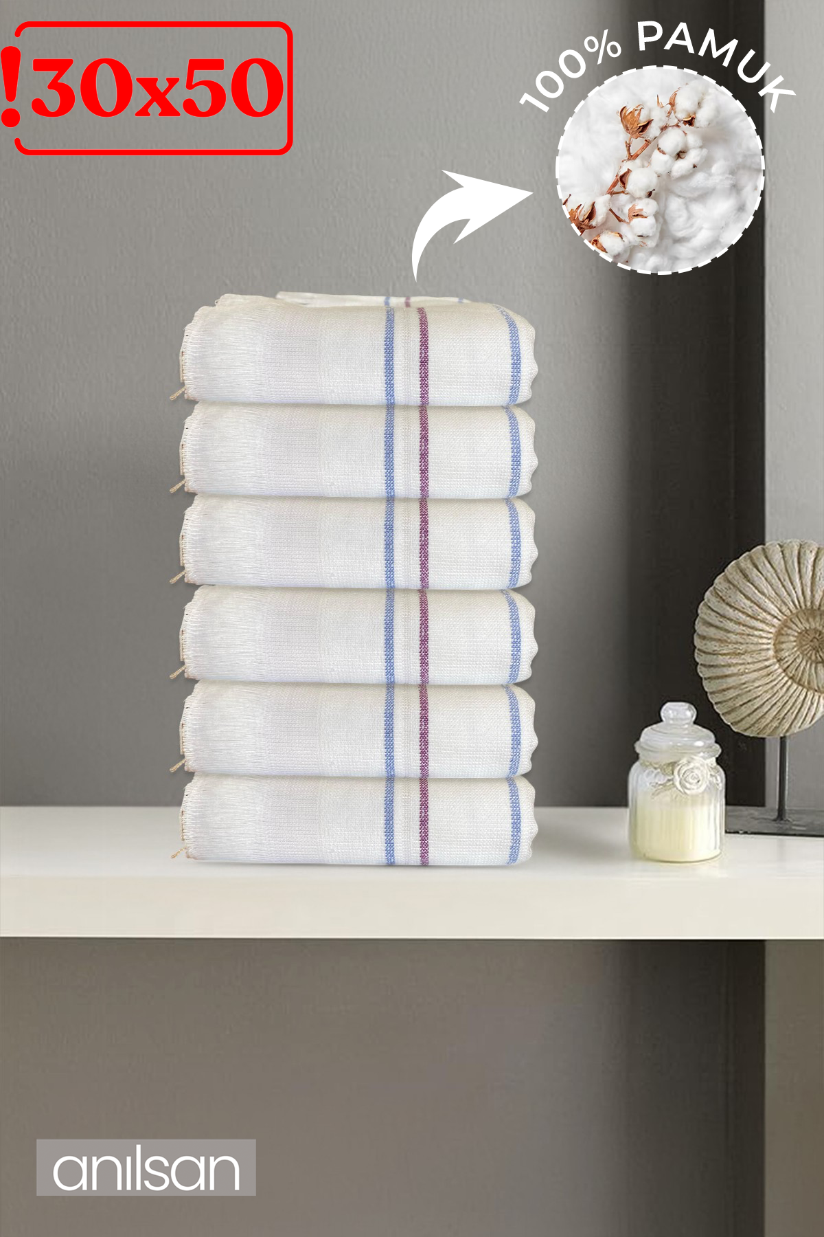 6'lı Beyaz Çizgili Düğün Havlusu 62Gr %100 Pamuk 30x50 cm El ve Yüz Havlusu