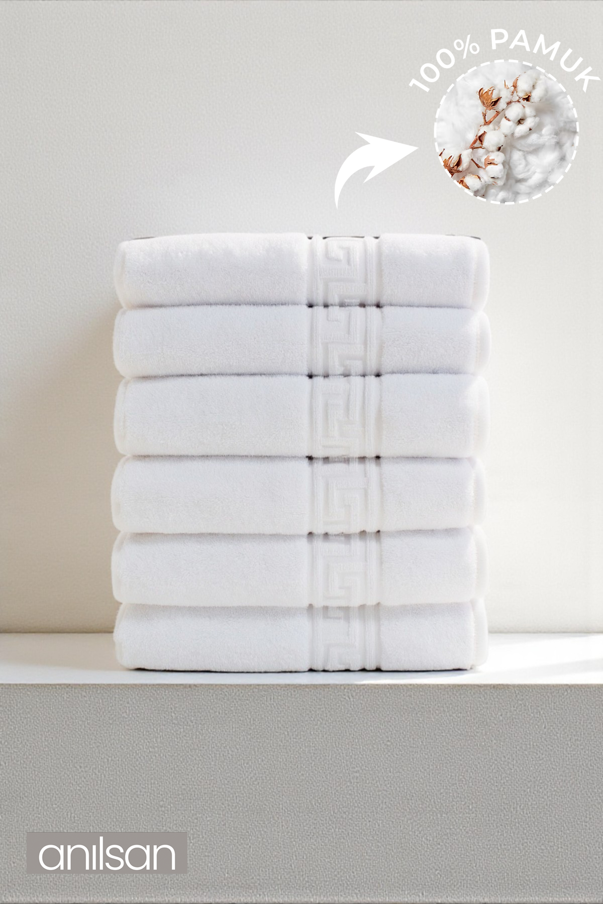 6'lı Beyaz Greek Mini El, Yüz Havlusu 75Gr. - 30x50 Cm, %100 Pamuk, Spa Ve Otel Havlusu