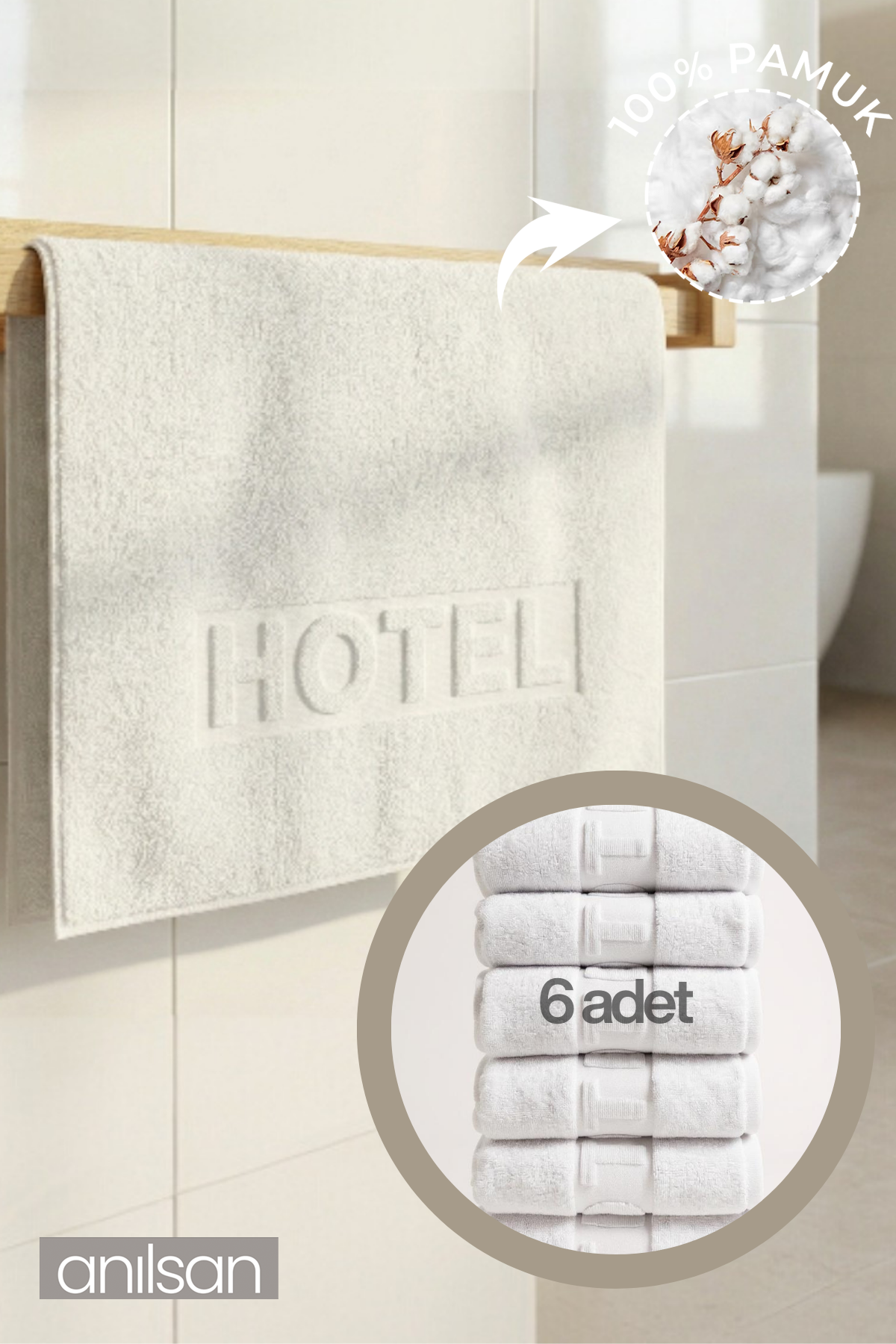6'lı Beyaz Hotel Logo El Havlusu - 50x90 Cm, 225 Gr, %100 Pamuk, Spa Ve Otel Havlusu