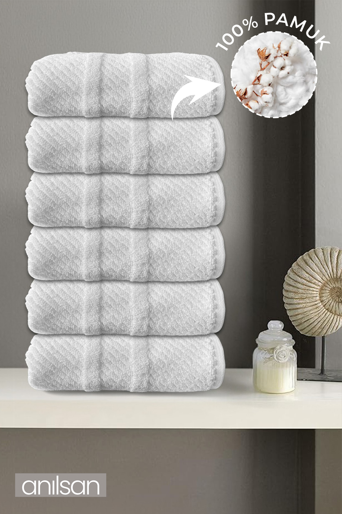 6'lı Beyaz Jakarlı El Havlusu - 50x90 Cm, 230 Gr, %100 Pamuk, Spa Ve Otel Havlusu