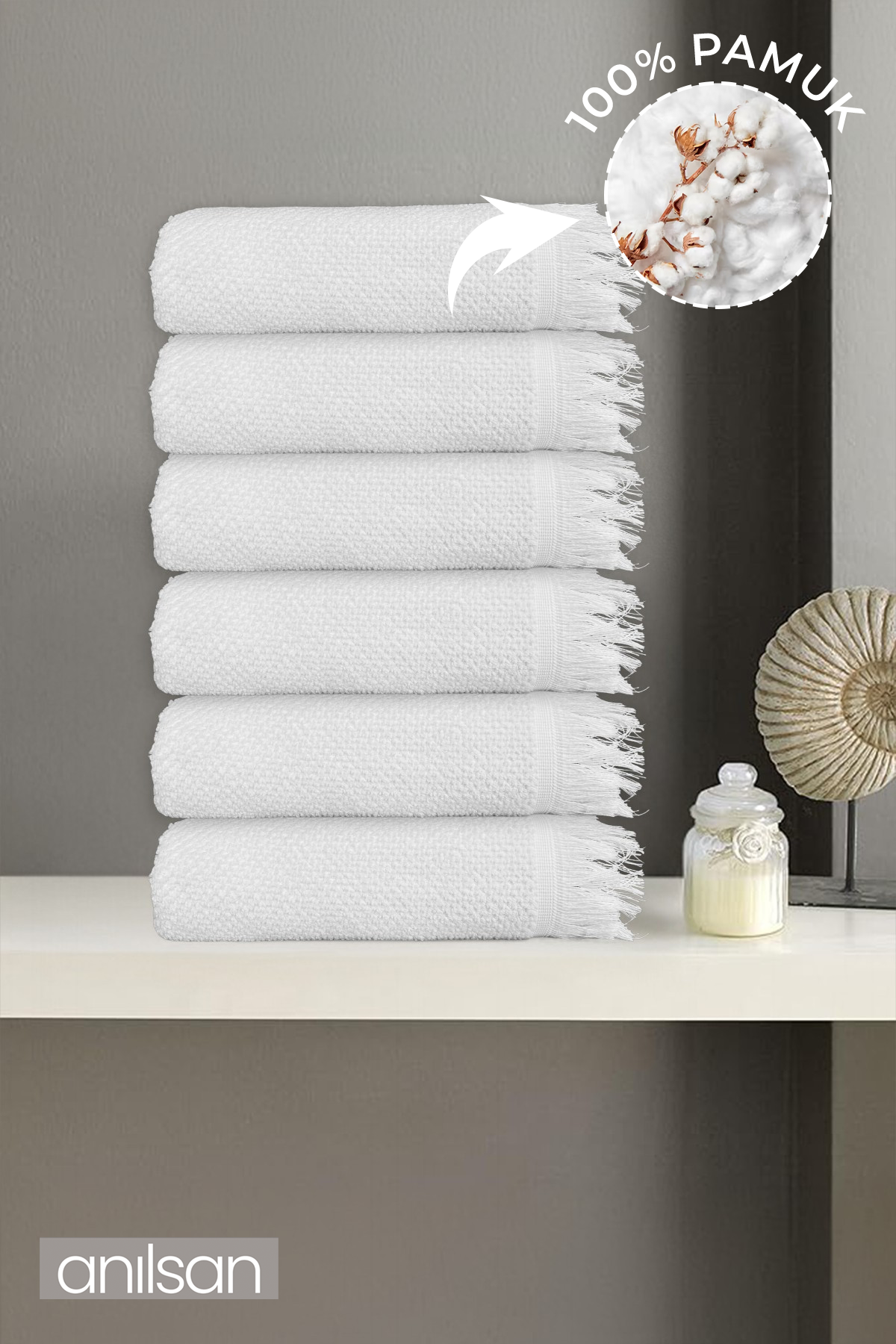 6'lı Beyaz Jelena El Havlusu - 50x90 Cm, 225 Gr, %100 Pamuk, Spa Ve Otel Havlusu