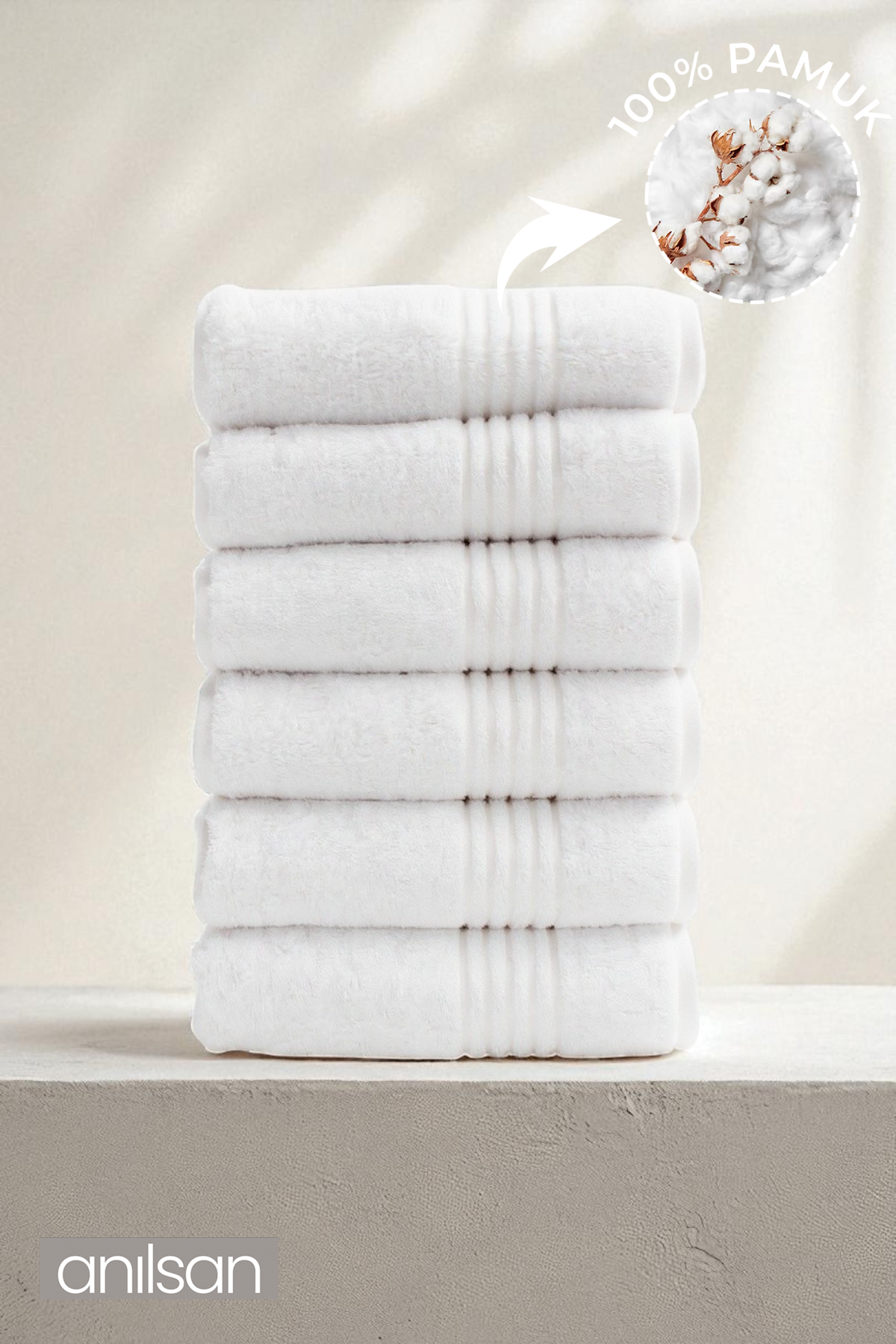 6'lı Çizgili Beyaz El Havlusu - 50x90 Cm, 180gr, %100 Pamuk, Spa Ve Otel Havlusu