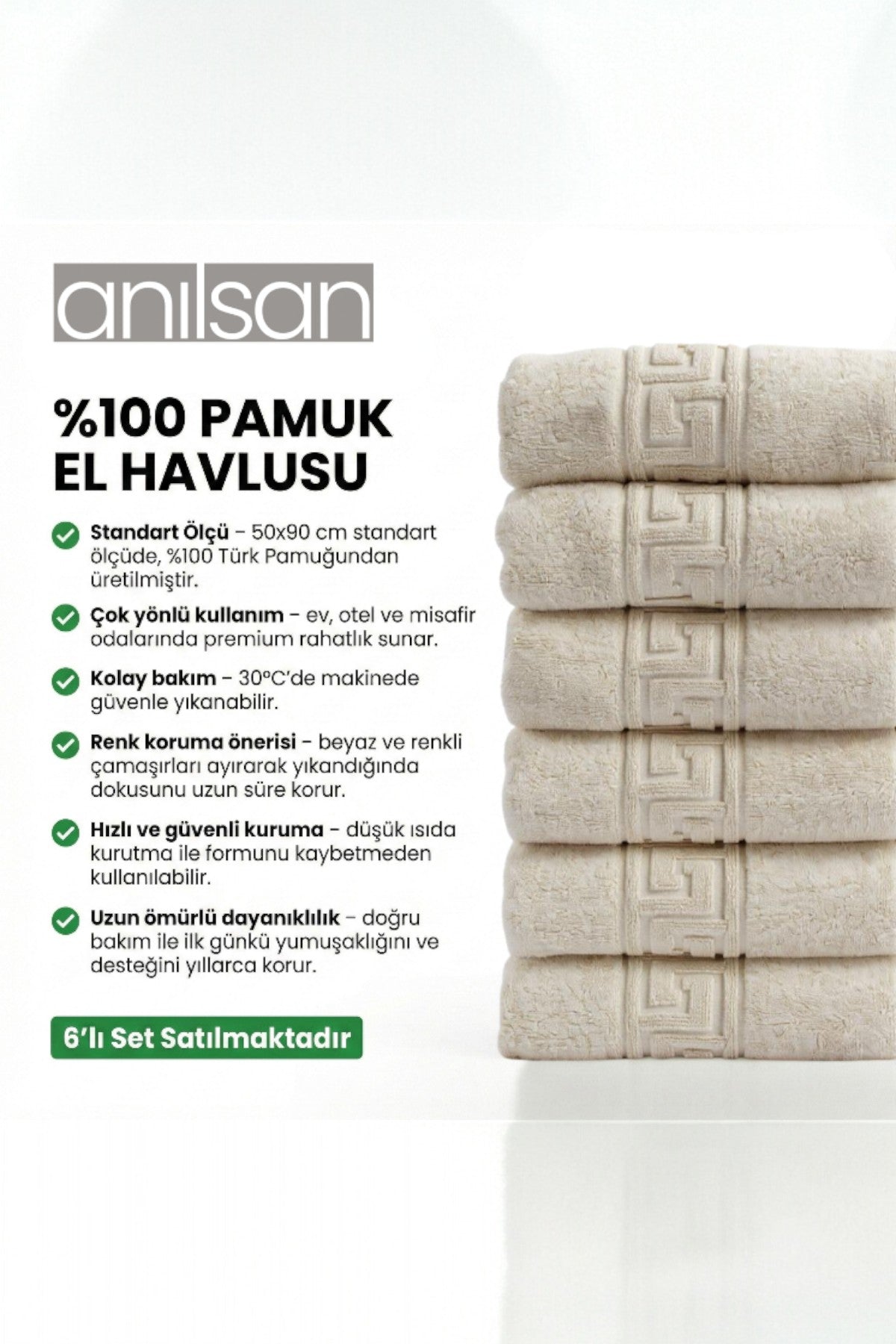 6'lı Greek Krem El Havlusu - 50x90 Cm, 225 Gr, %100 Pamuk, Spa Ve Otel Havlusu