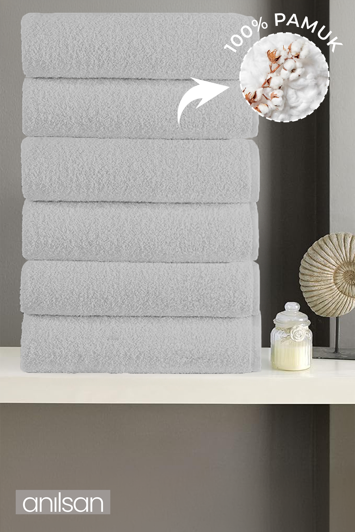 6'lı Düz Gri Banyo Havlusu - 70x140 Cm, 490 Gr, %100pamuk, Spa Ve Otel Havlusu