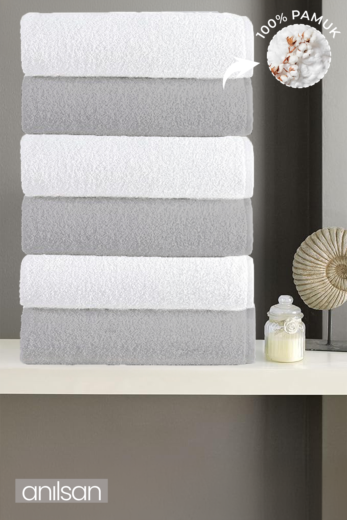 6'lı Düz Gri-Beyaz Banyo Havlusu - 70x140 Cm, 490 Gr, %100 Pamuk, Spa Ve Otel Havlusu