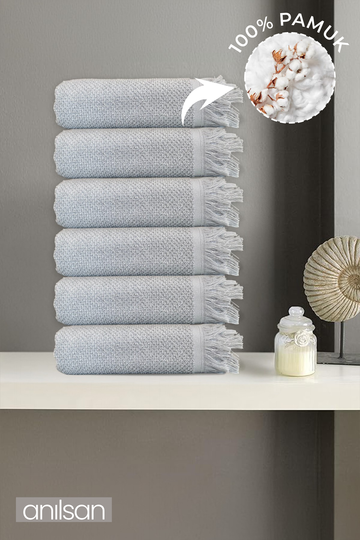 6'lı Gri Jelena El Havlusu - 50x90 Cm, 225 Gr, %100 Pamuk, Spa Ve Otel Havlusu