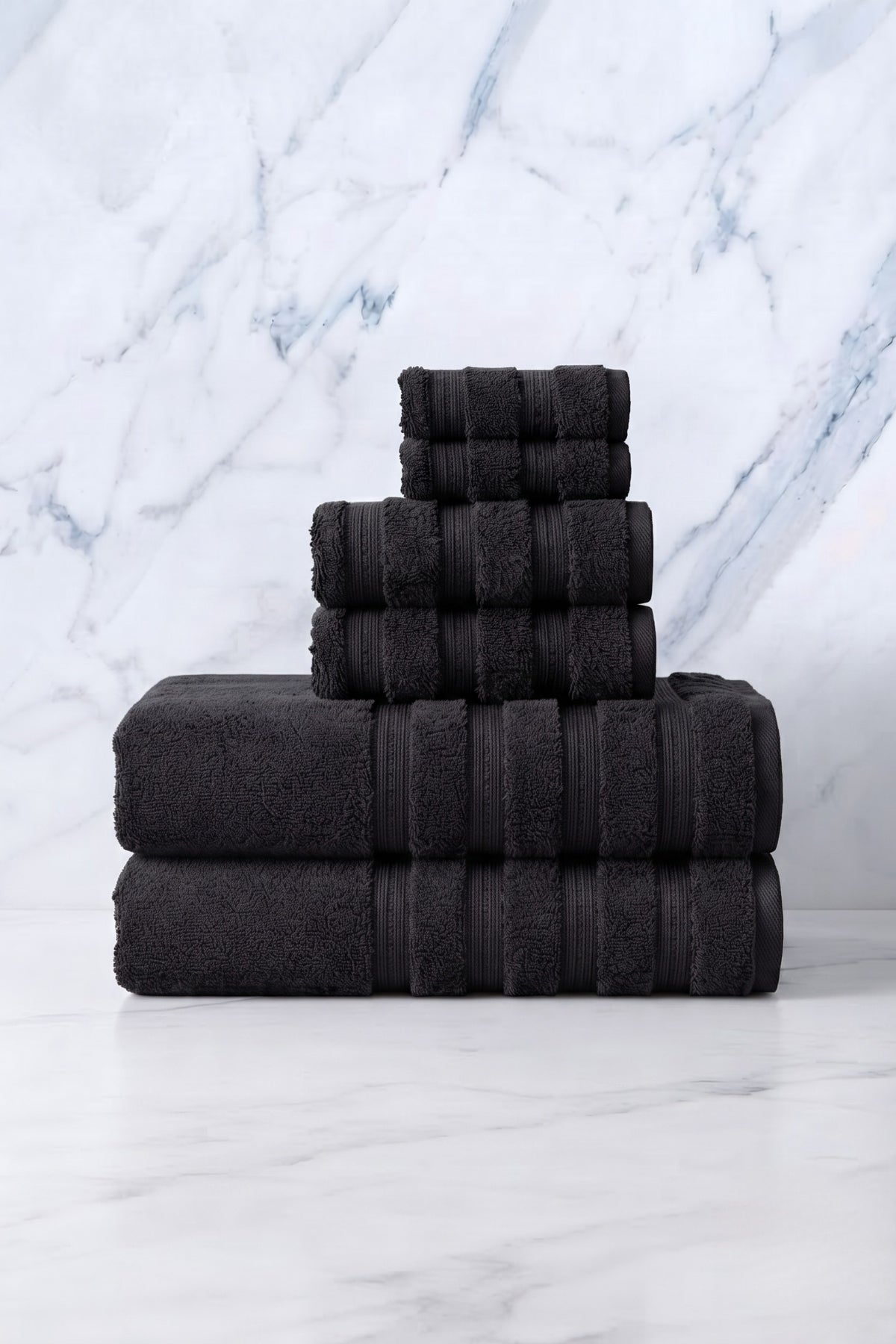 6'lı Işıl Premium Havlu Seti - 2 Adet Yüz Havlusu - 2 Adet El Havlusu - 2 Adet Banyo Havlusu - Siyah - %100 Pamuk - 600 gr/m2