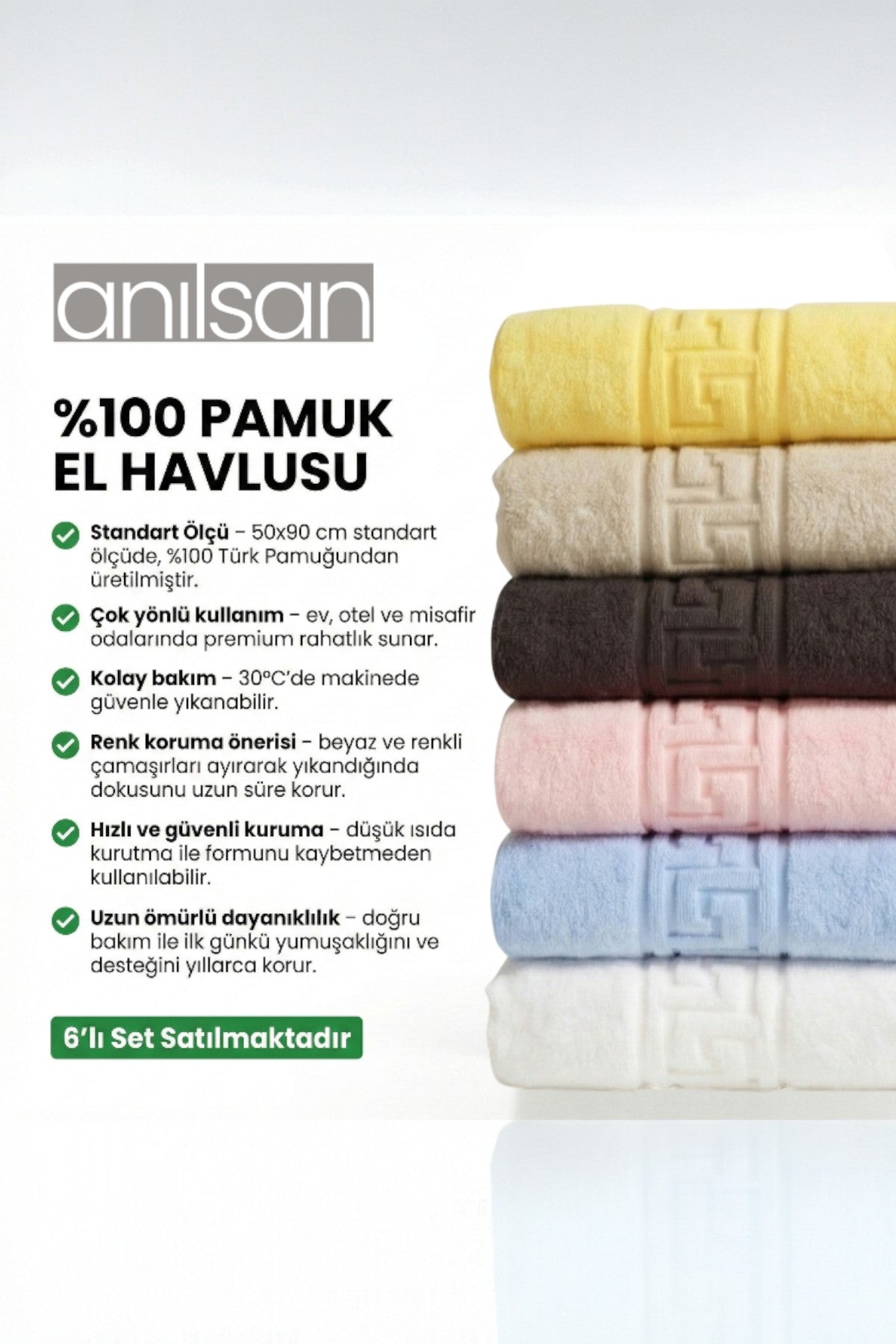 6'lı Karışık Greek El Havlusu - 50x90 Cm, 225 Gr, %100 Pamuk, Spa Ve Otel Havlusu