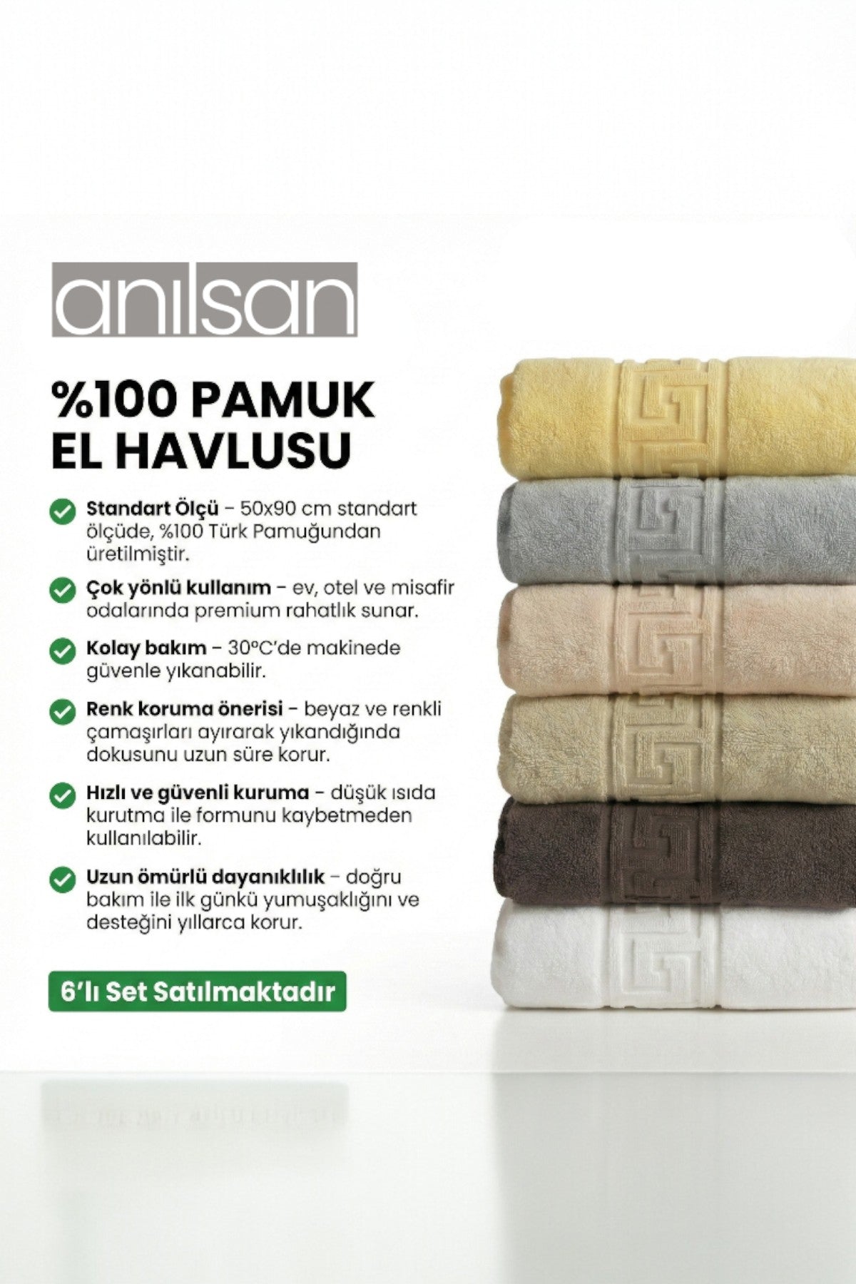 6'lı Lua Karışık Greek El Havlusu - 50x90 Cm, 225 Gr, %100 Pamuk, Spa Ve Otel Havlusu