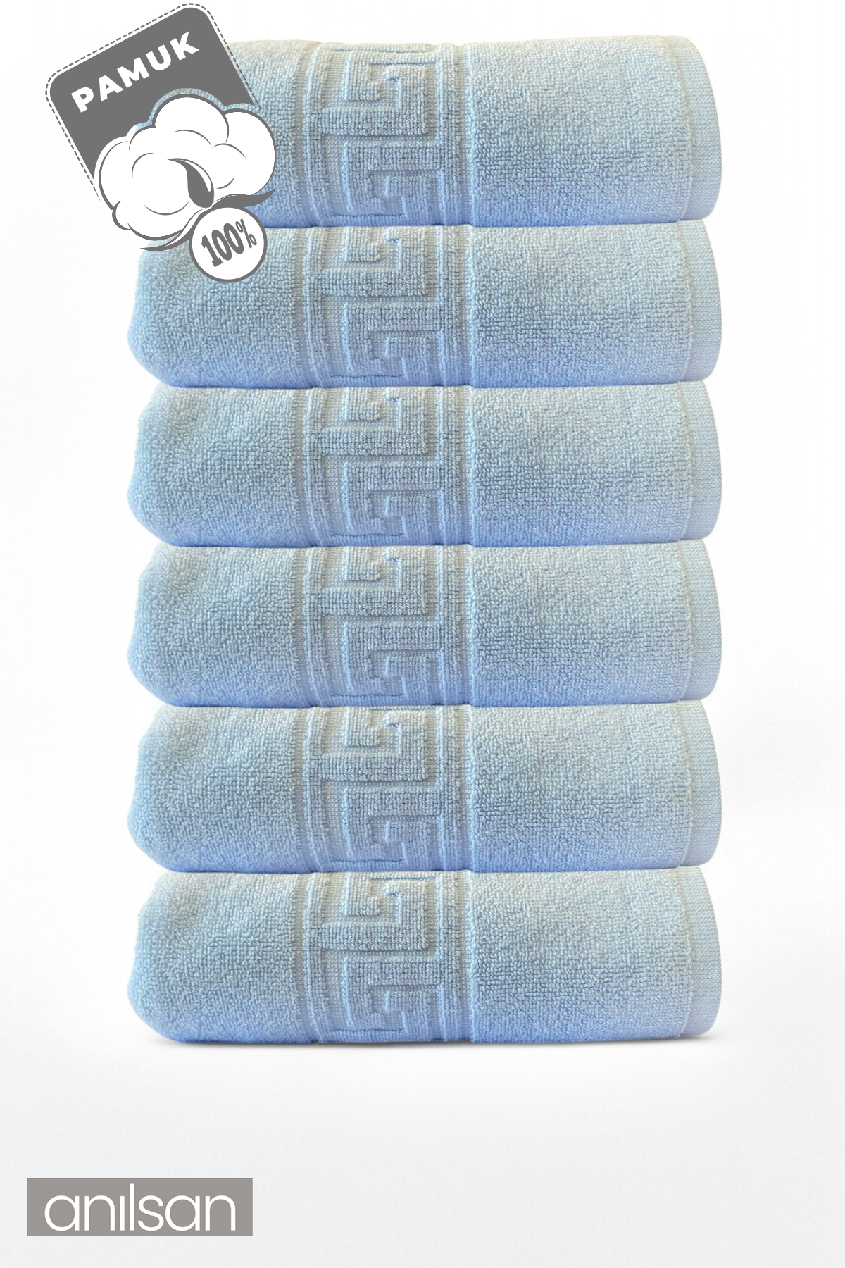 6'lı Mavi Greek Beyaz Banyo Havlusu - 70x140cm, 490gr, %100pamuk, Spa Ve Otel Havlusu