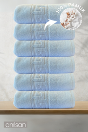 6'lı Mavi Greek Beyaz Banyo Havlusu - 70x140cm, 490gr, %100pamuk, Spa Ve Otel Havlusu