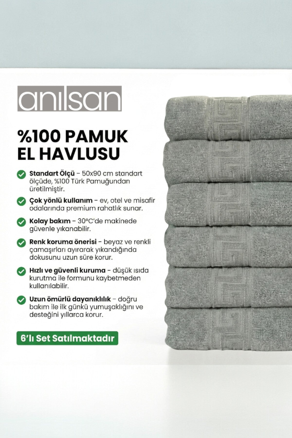 Mint Yeşili Greek El Havlusu - 50x90 Cm, 225 Gr, %100 Pamuk, Spa Ve Otel Havlusu