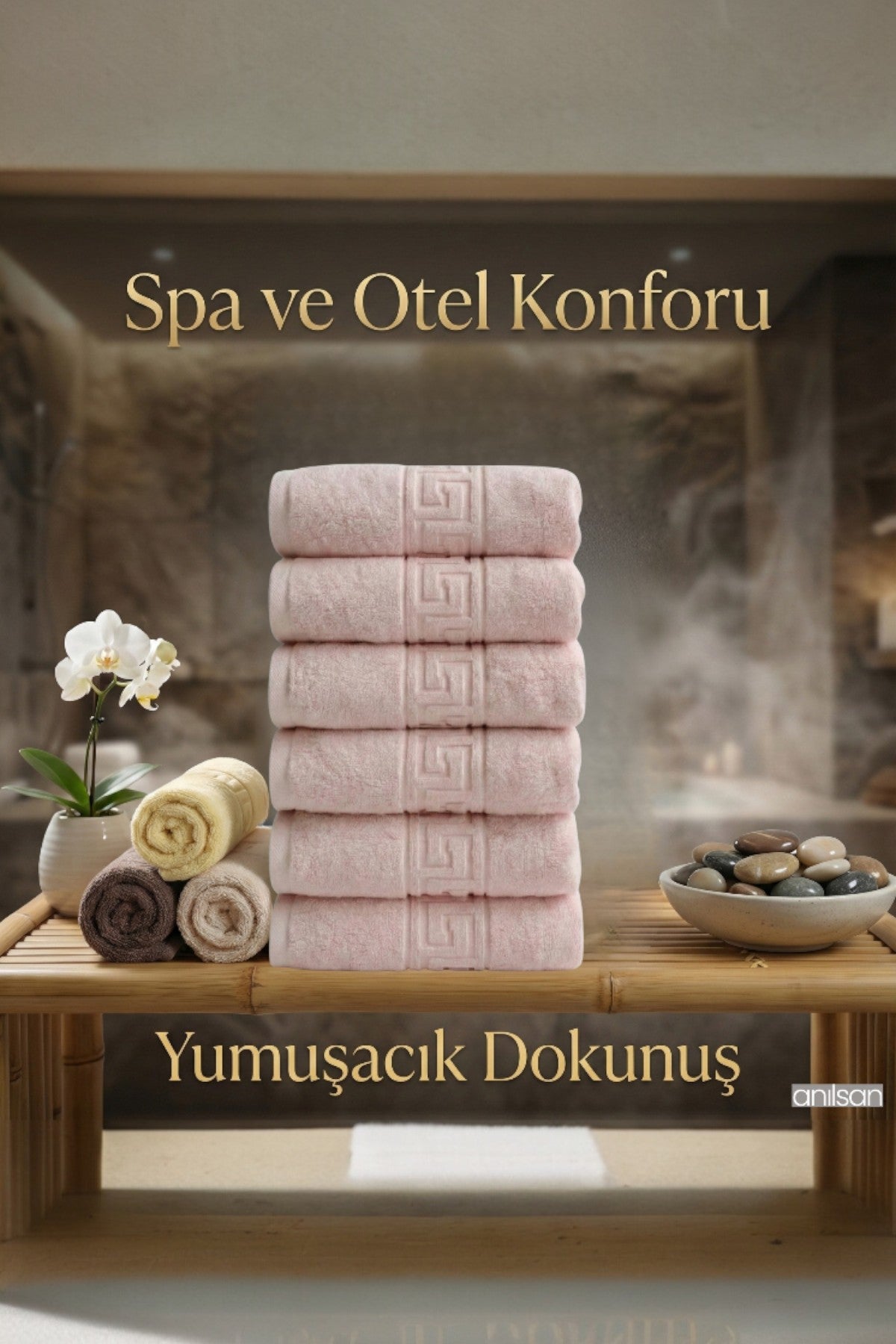 6'lı Pudra Greek El Havlusu - 50x90 Cm, 225 Gr, %100 Pamuk, Spa Ve Otel Havlusu