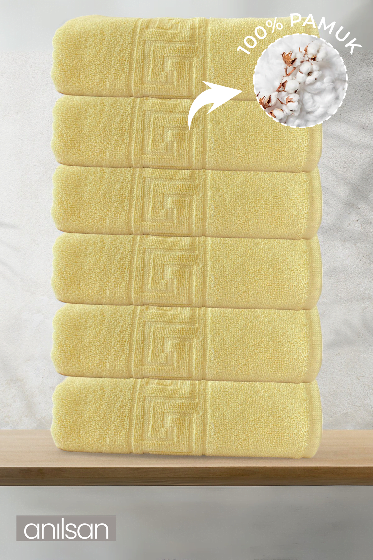 6'lı Sarı Greek Banyo Havlusu - 70x140cm, 490gr, %100pamuk, Spa Ve Otel Havlusu