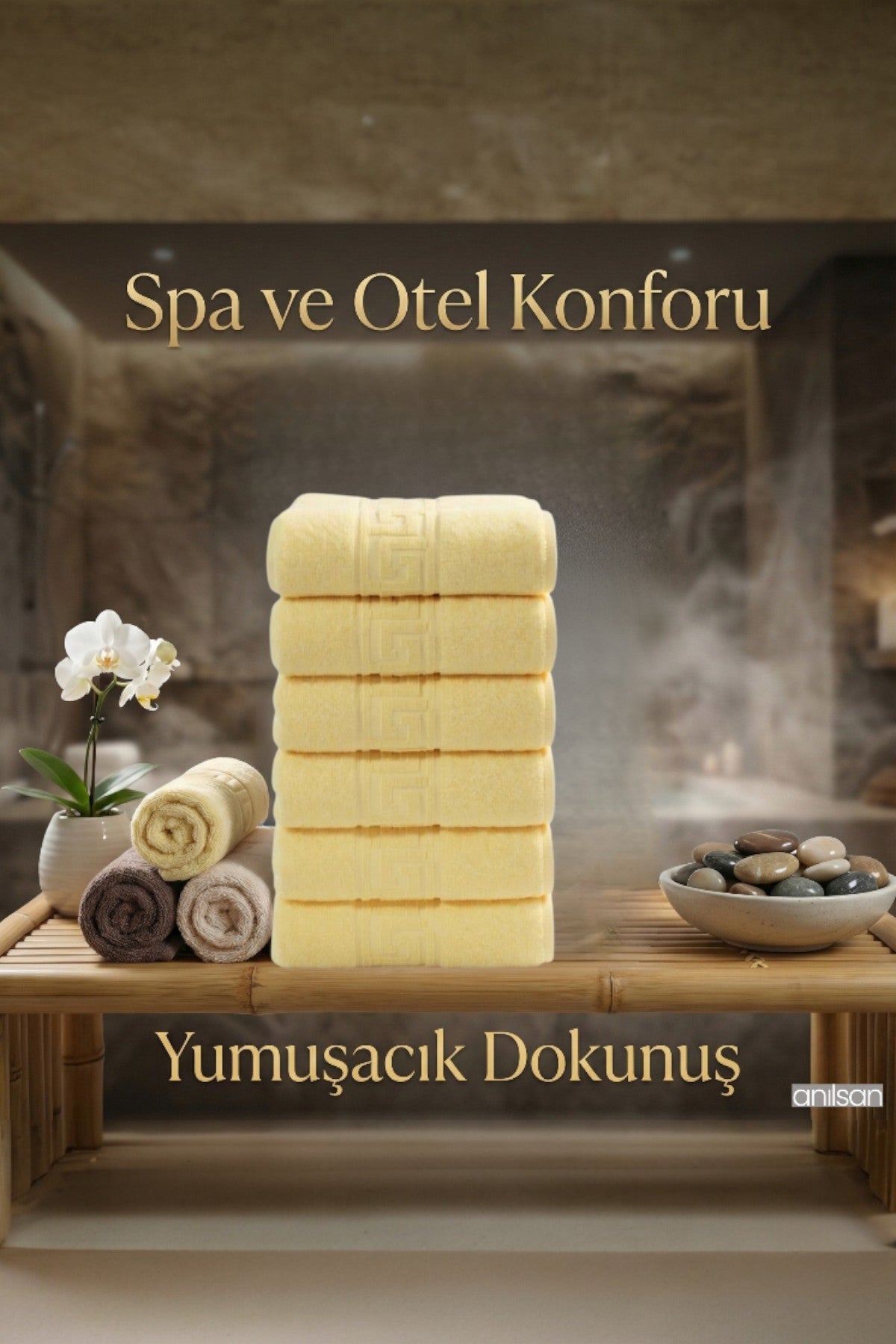 Sarı Greek El Havlusu - 50x90 Cm, 225 Gr, %100 Pamuk, Spa Ve Otel Havlusu
