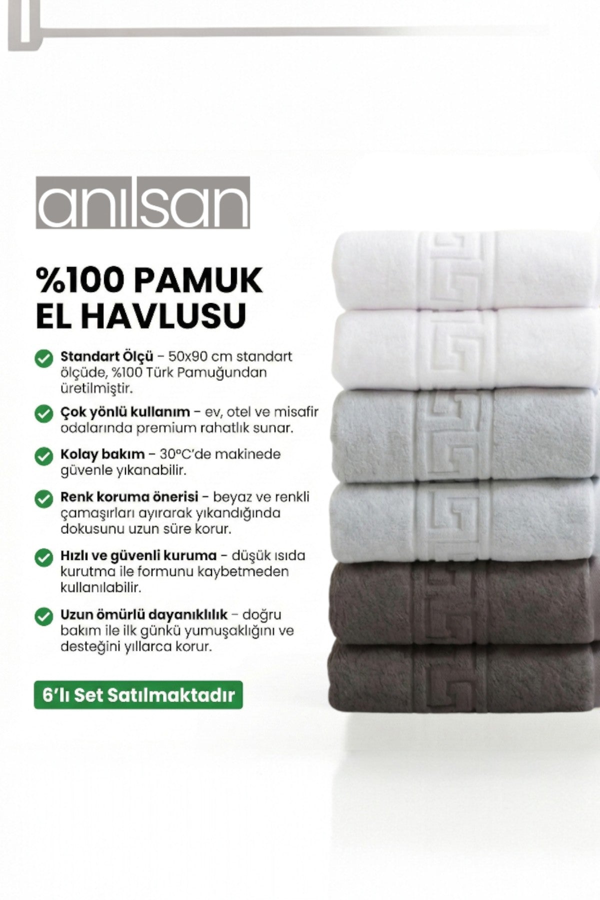 6'lı Trio Greek El Havlusu - 50x90 Cm, 225 Gr, %100 Pamuk, Spa Ve Otel Havlusu