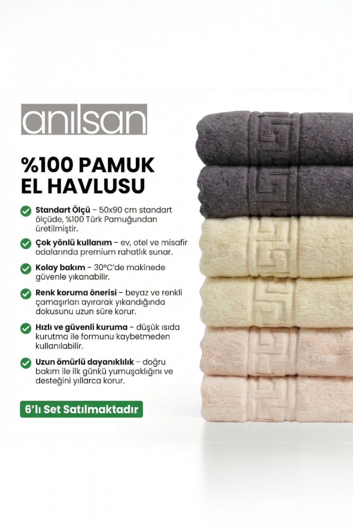 6'lı Trio Karışık Greek El Havlusu - 50x90 Cm, 225 Gr, %100 Pamuk, Spa Ve Otel Havlusu