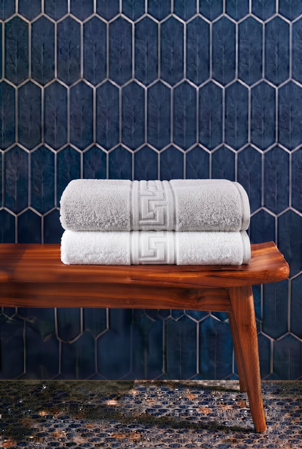 2'li Gri- Beyaz Greek Havlu Seti - 2 Adet Banyo Havlusu 70x140