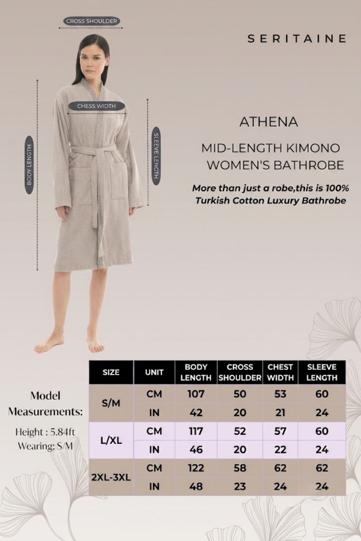 Athena Kimono Kadın Bornozu- Bej Jakar Bordürlü %100 Pamuk
