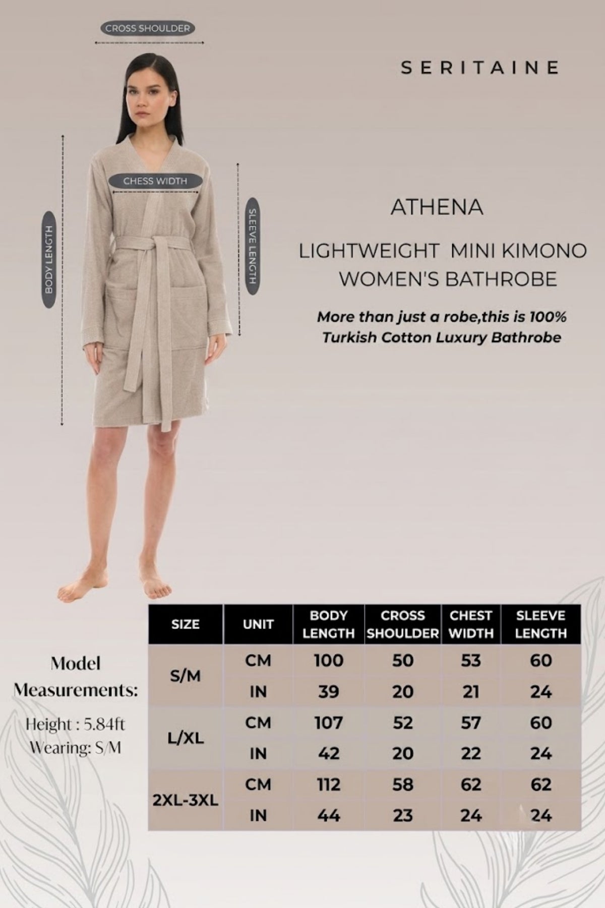 Athena Kimono Kadın Mini Bornozu - Bej -Armürlü %100 Pamuk