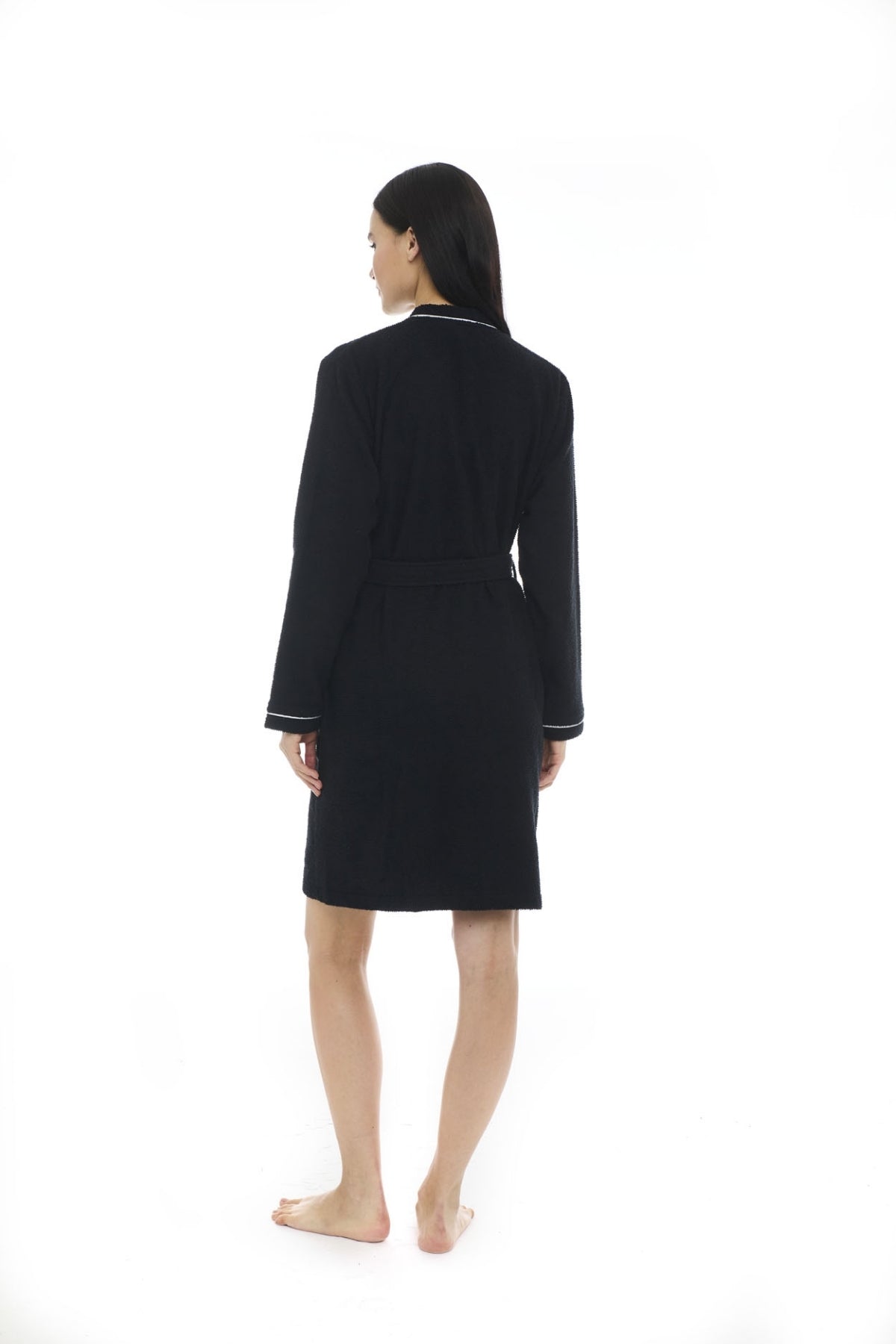 Athena Kimono Kadın Mini Bornozu - Siyah -Fitilli %100 Pamuk