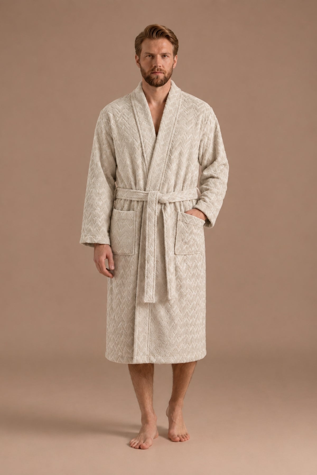 Atlas Kimono Yaka Erkek Bornozu – Açık Bej %100 Pamuk
