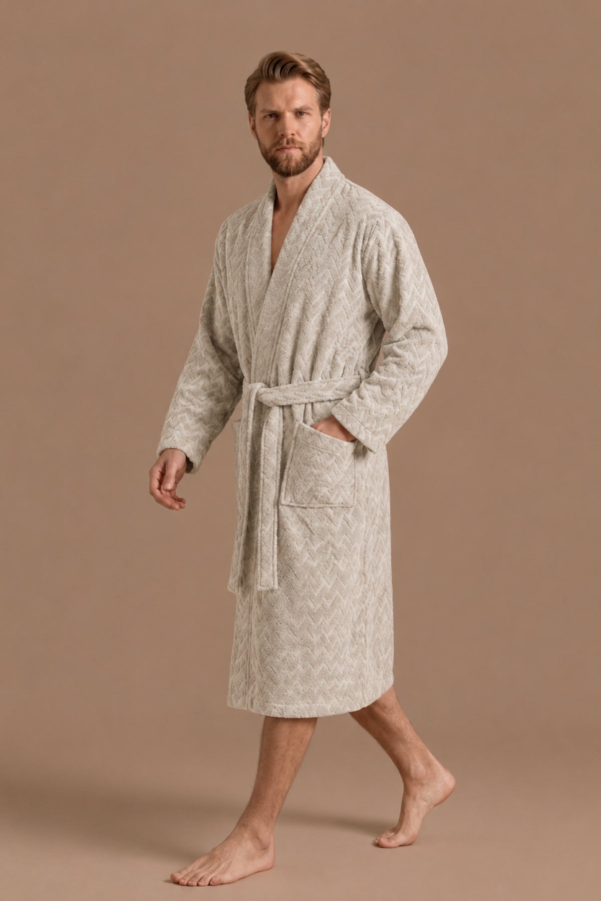 Atlas Kimono Yaka Erkek Bornozu – Açık Bej %100 Pamuk