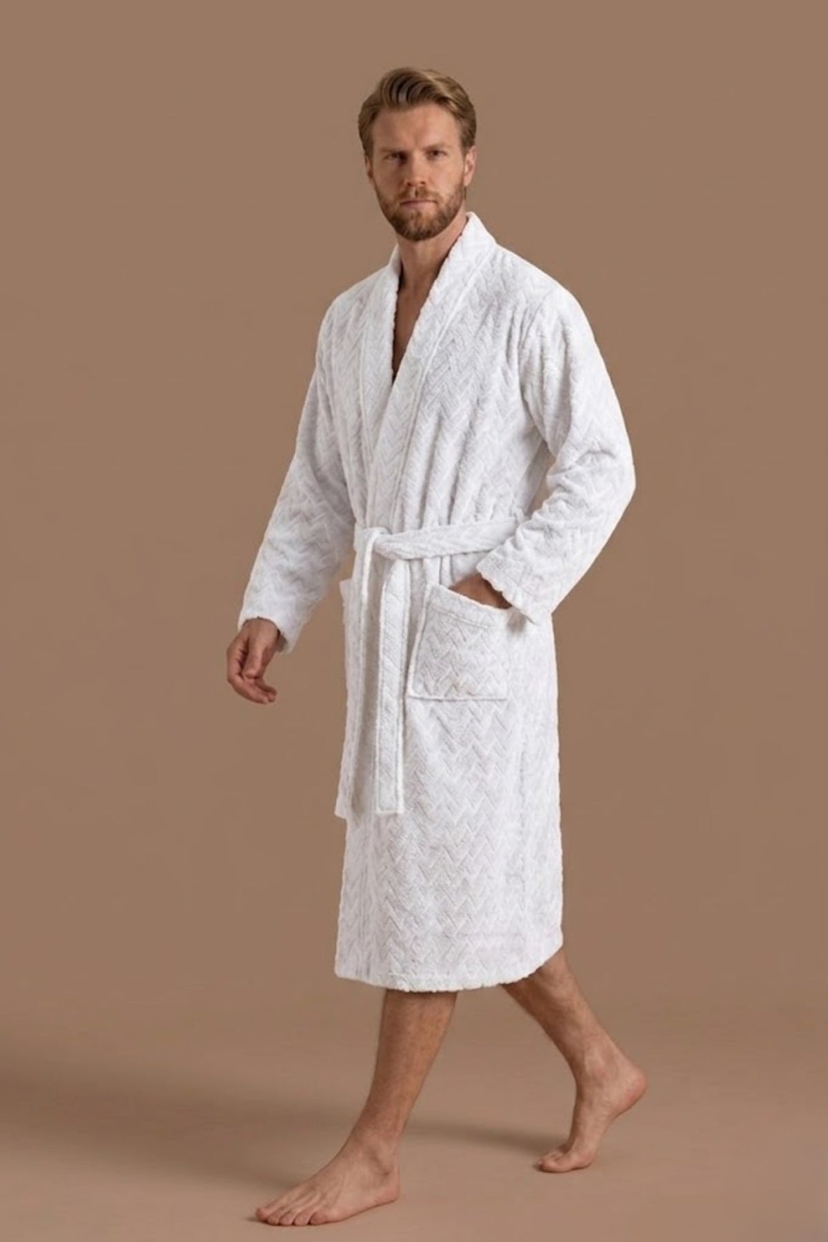Atlas Kimono Yaka Erkek Bornozu – Beyaz %100 Pamuk