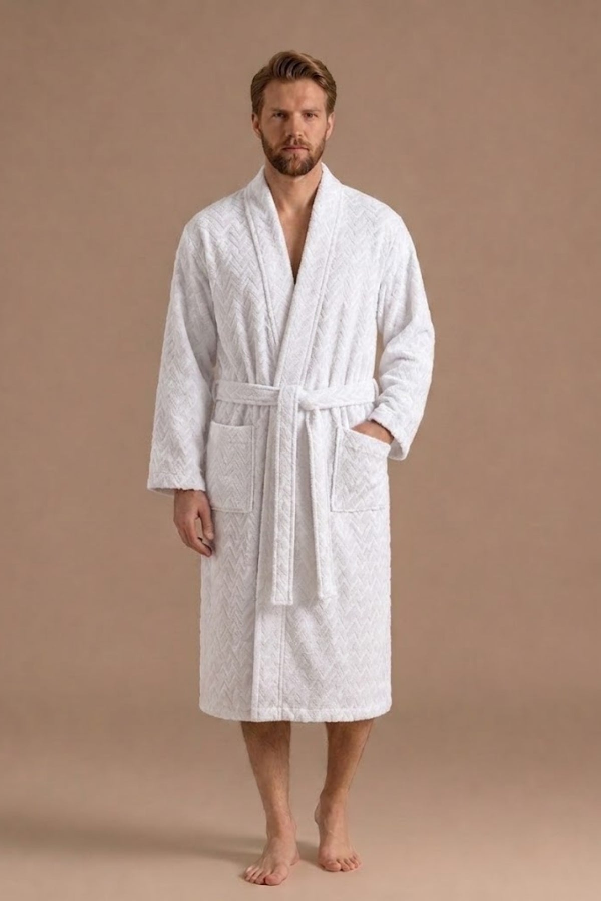Atlas Kimono Yaka Erkek Bornozu – Beyaz %100 Pamuk