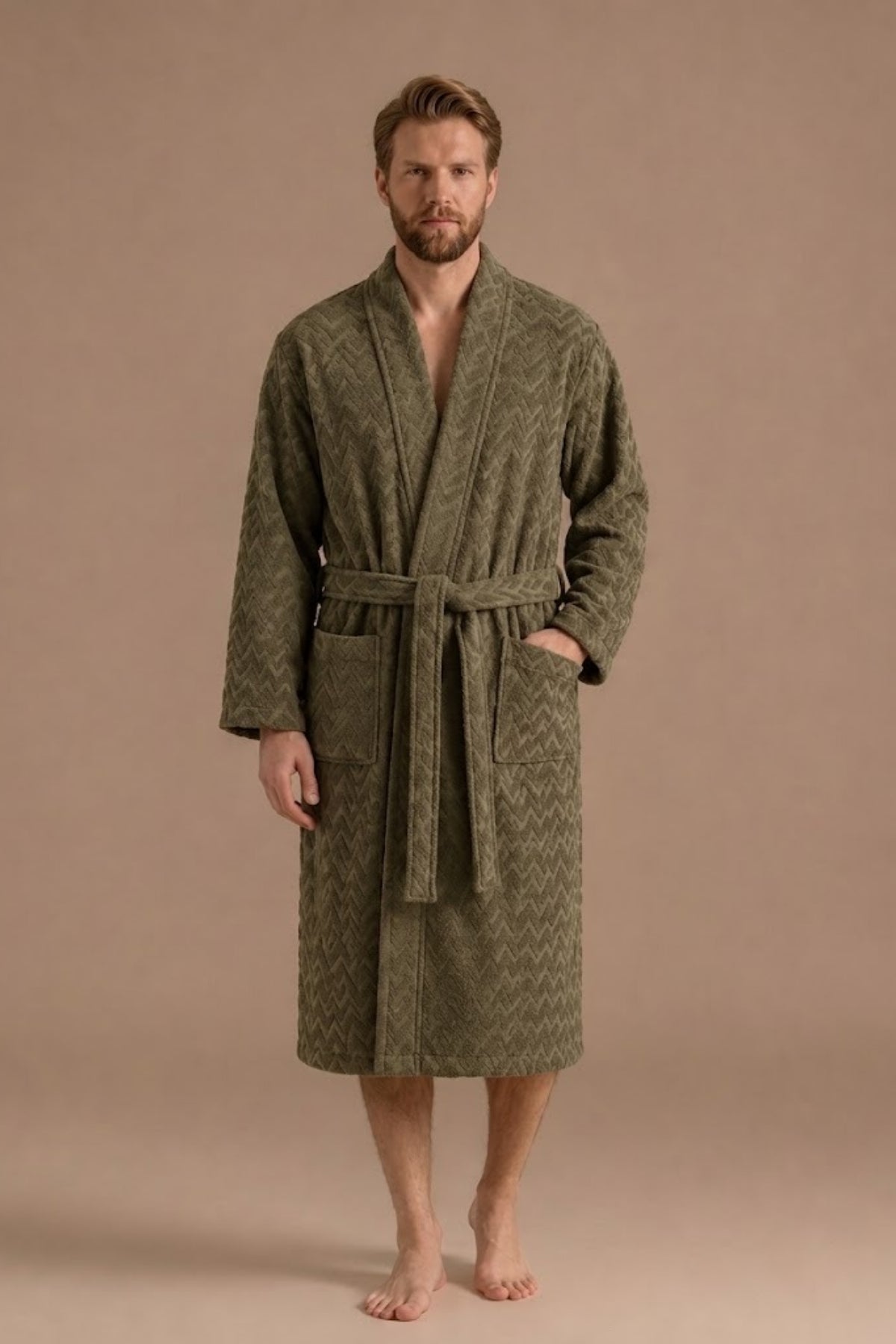 Atlas Kimono Yaka Erkek Bornozu – Haki %100 Pamuk