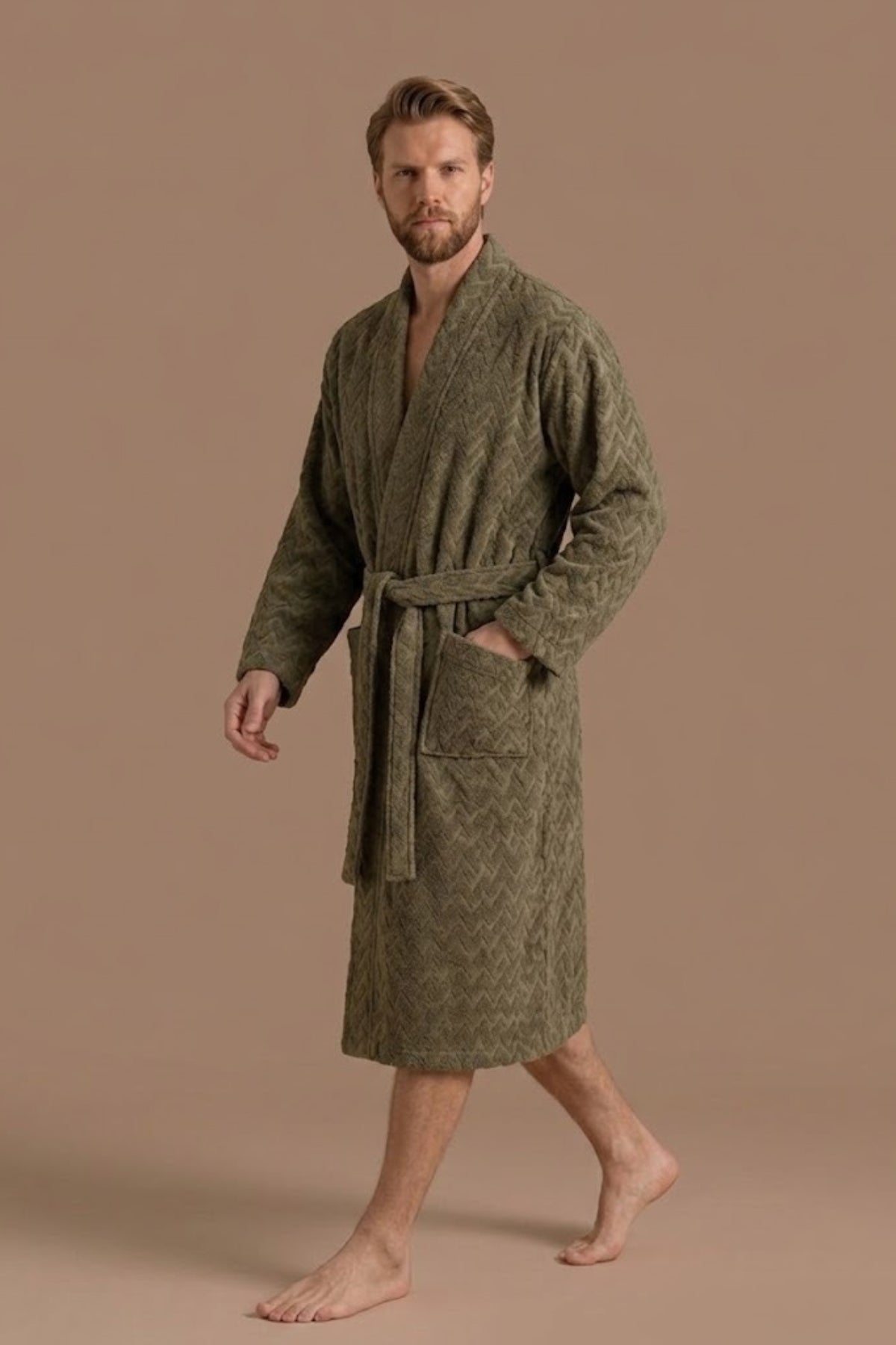 Atlas Kimono Yaka Erkek Bornozu – Haki %100 Pamuk