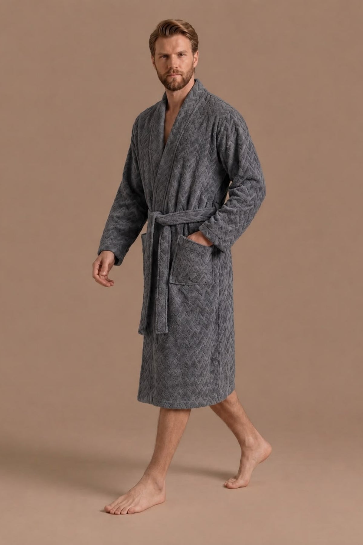 Atlas Kimono Yaka Erkek Bornozu – Koyu Gri %100 Pamuk