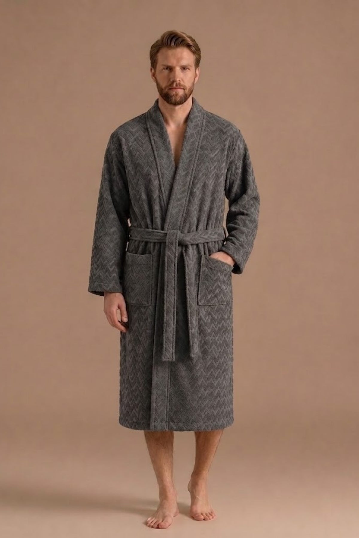 Atlas Kimono Yaka Erkek Bornozu – Koyu Gri %100 Pamuk