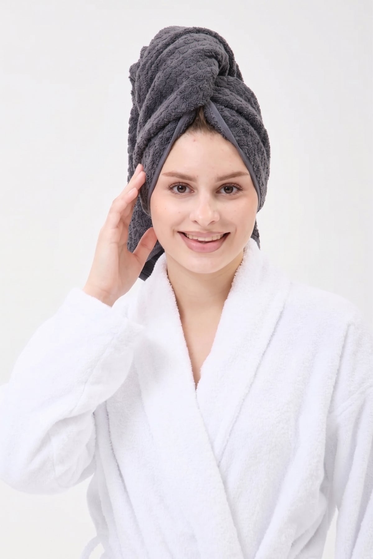 Saç Havlusu Antrasit 67-102 cm %100 Pamuk Saç Kurutma, Kurulama, Duş Banyo Baş Havlusu