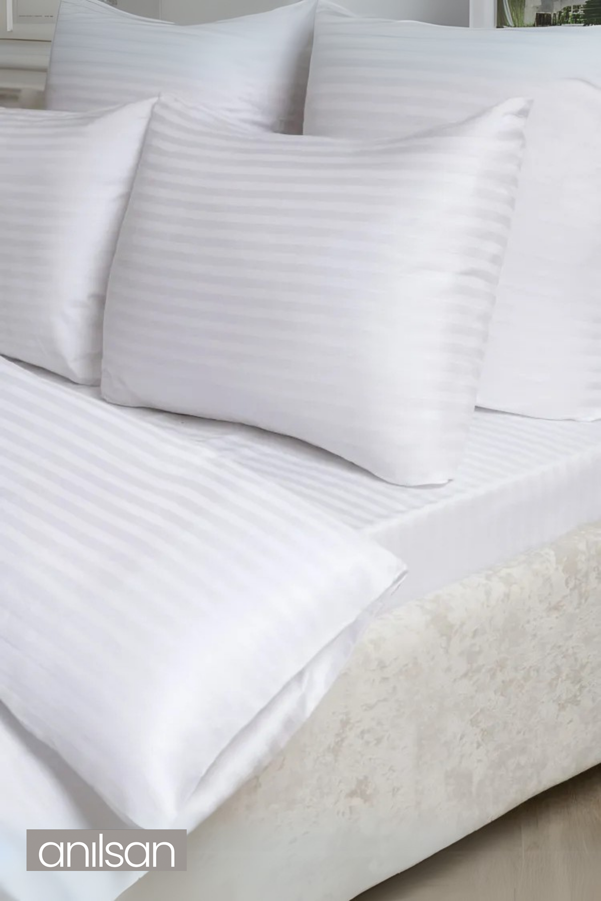 Çizgili Saten Çift Kişilik Lastikli Çarşaf Düğmeli Nevresim Takımı 2 Adet Yastık Kılıfı,83tel