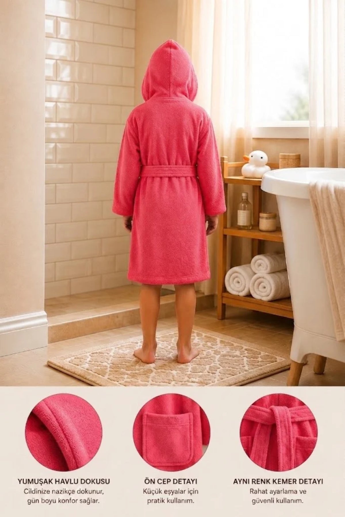Çocuk Bornozu Pembe - Düz - 2-4 yaş %100 Pamuk