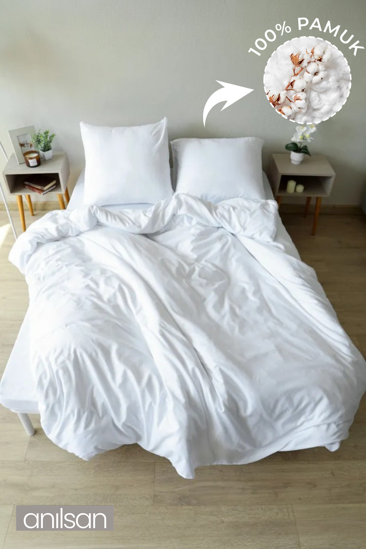 Düz Beyaz Çift Kişilik Lastikli Çarşaf Düğmeli Nevresim Takım %100 Pamuk 2 Adet Yastık Kılıf, 83tel