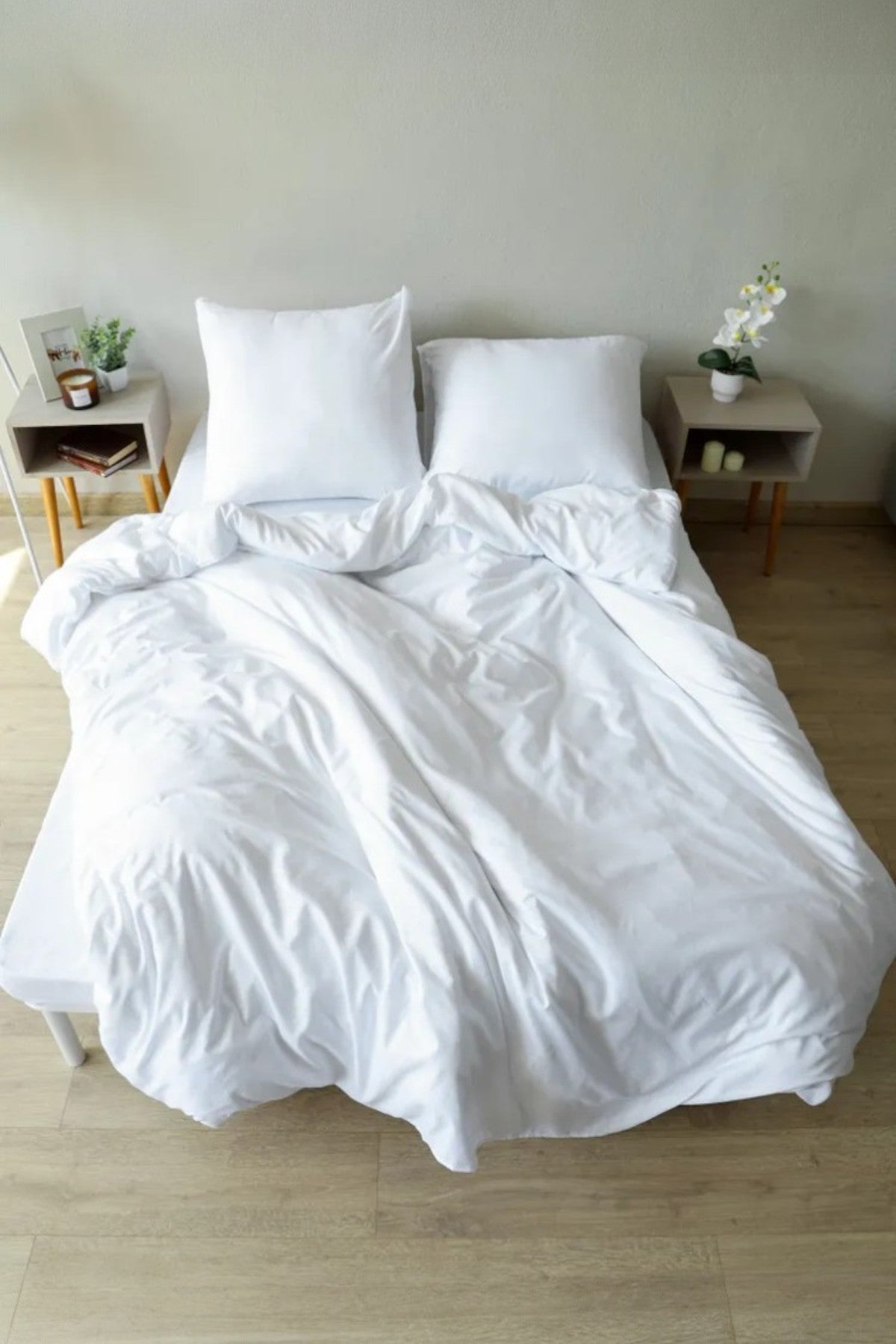 Düz Beyaz Çift Kişilik Lastikli Çarşaf Düğmeli Nevresim Takım %100 Pamuk 2 Adet Yastık Kılıf, 83tel