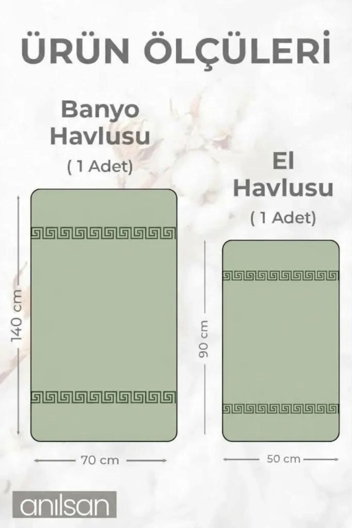 2'li Mint Yeşili Greek Havlu Seti %100 Pamuk - 1 Adet El Havlusu 50x90 Ve 1 Adet Banyo Havlusu 70x140