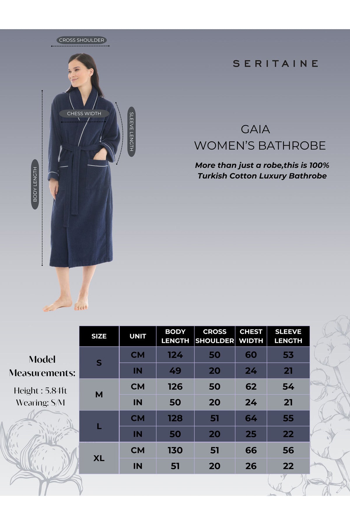 Gaia Şalyaka Kadın Bornozu- Verevli- Lacivert %100 Pamuk