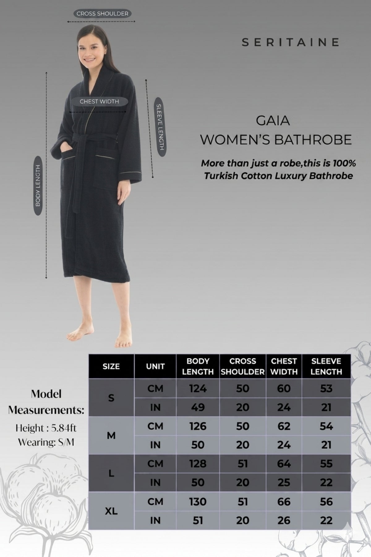 Gaia Şalyaka Kadın Bornozu - Verevli - Siyah %100 Pamuk