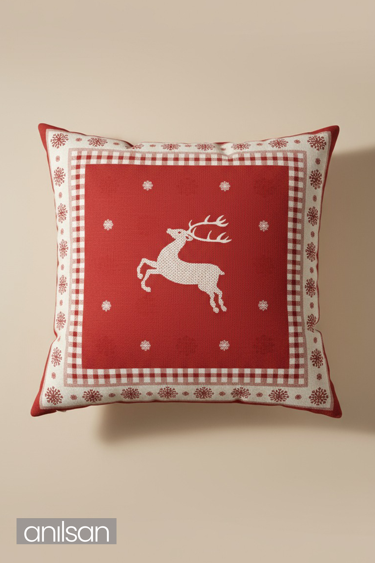 2Adet Geyik Desenli Çift Taraflı Kırlent Kılıfı - 45x45 cm Yılbaşı Dekoratif
