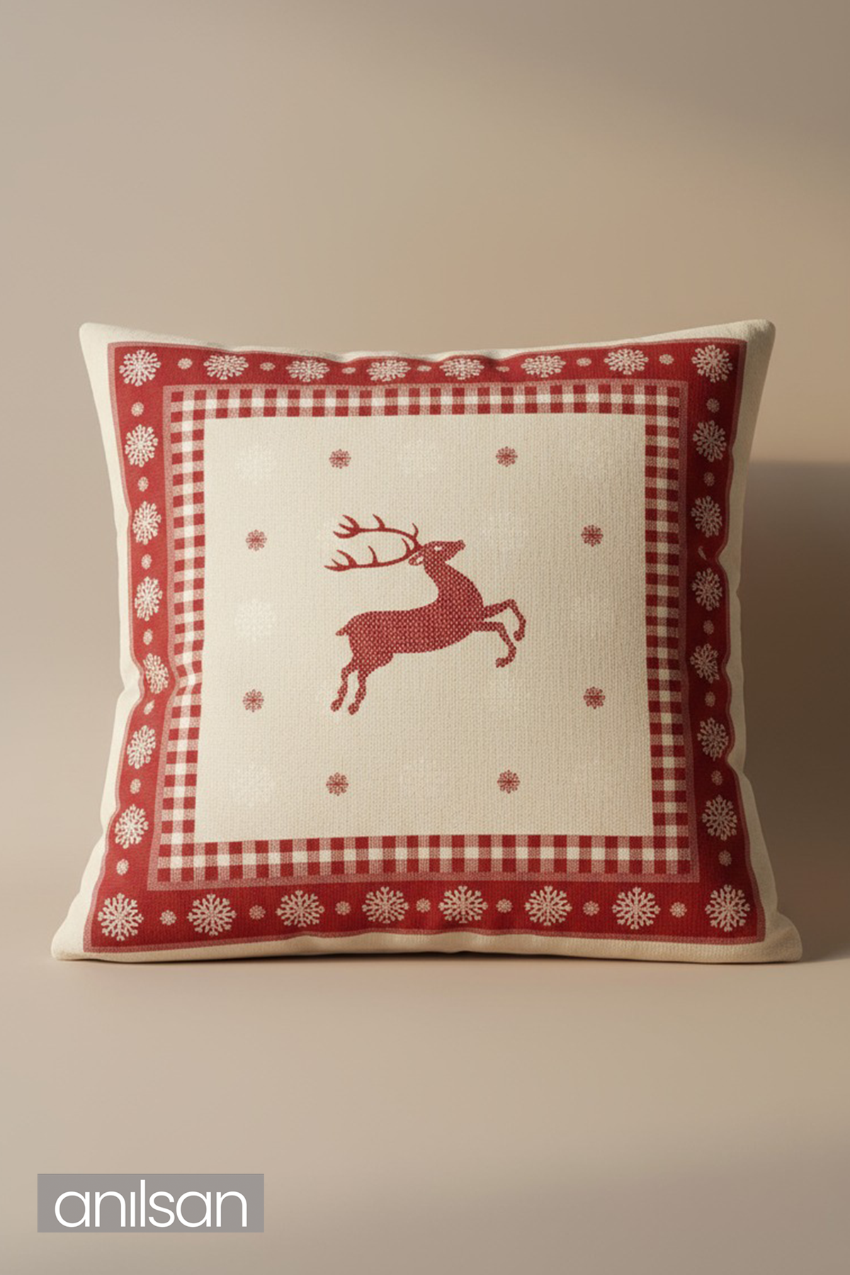 2Adet Geyik Desenli Çift Taraflı Kırlent Kılıfı - 45x45 cm Yılbaşı Dekoratif