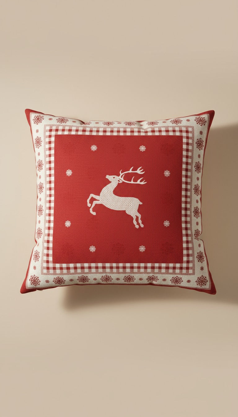 2Adet Geyik Desenli Çift Taraflı Kırlent Kılıfı - 45x45 cm Yılbaşı Dekoratif