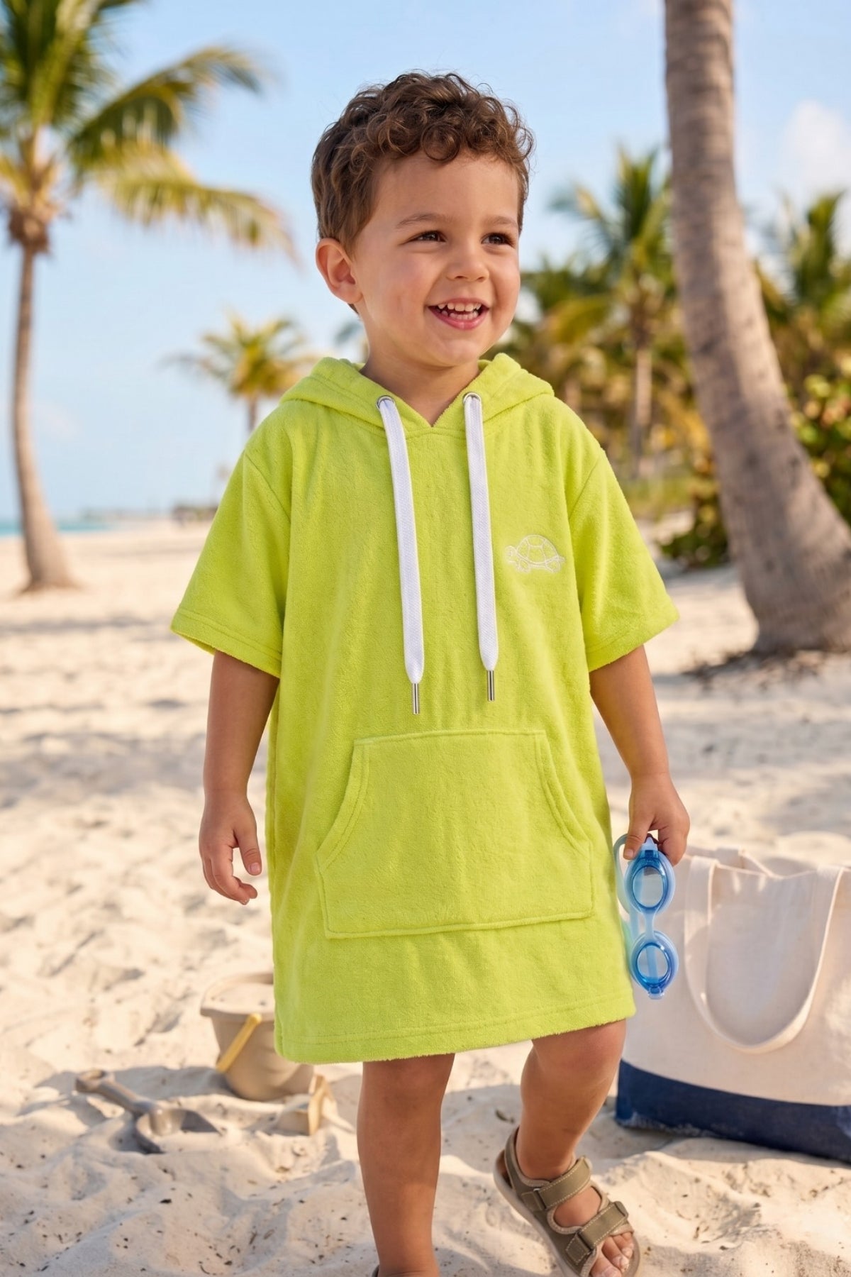 Kadife Kapşonlu Plaj Kız- Erkek Çocuk Bebek Panço Kaplumbağa - Sarı - %50 Pamuk 50 %Polyester