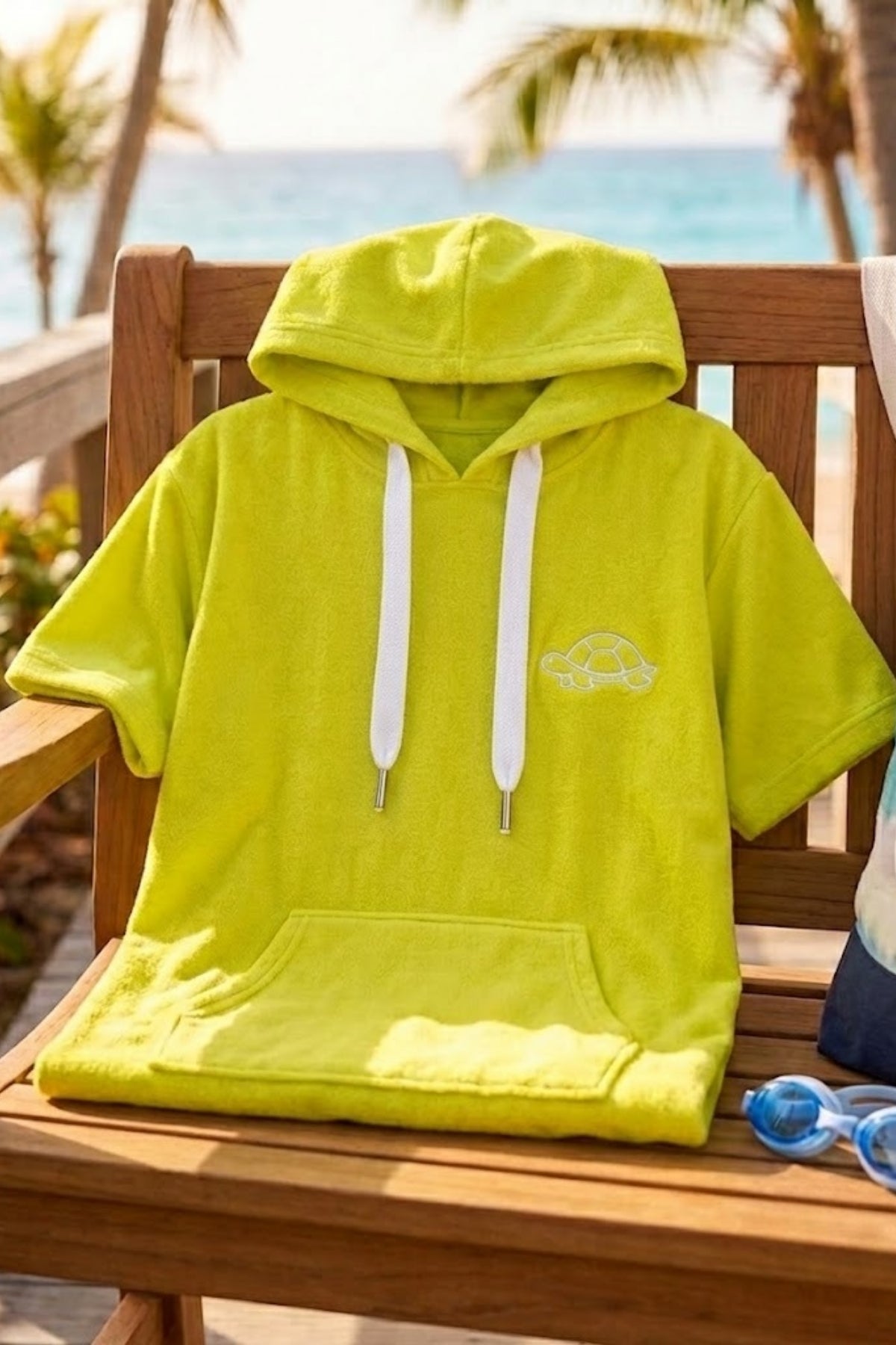 Kadife Kapşonlu Plaj Kız- Erkek Çocuk Bebek Panço Kaplumbağa - Sarı - %50 Pamuk 50 %Polyester