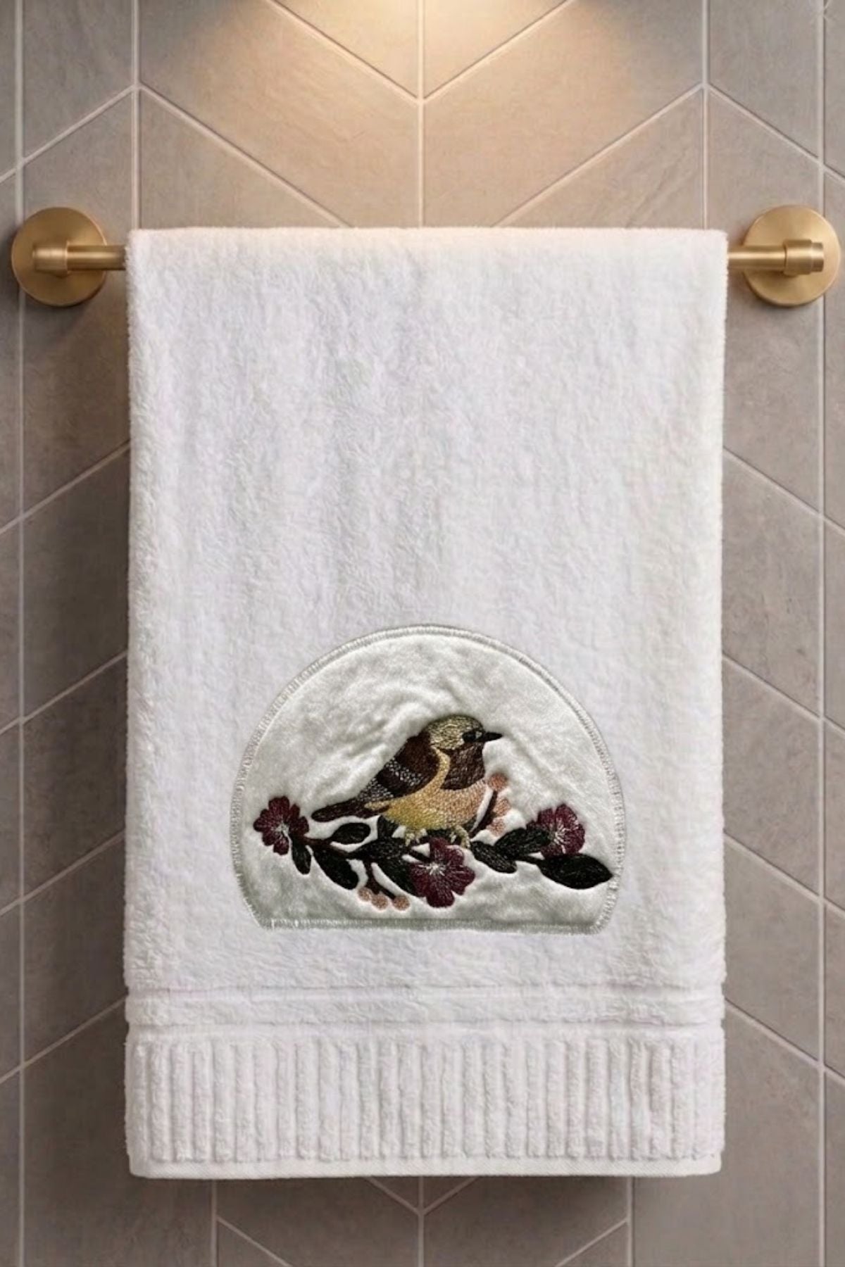 Kuş Nakışlı Banyo Havlusu - 70x140 cm - Beyaz - %100 Pamuk