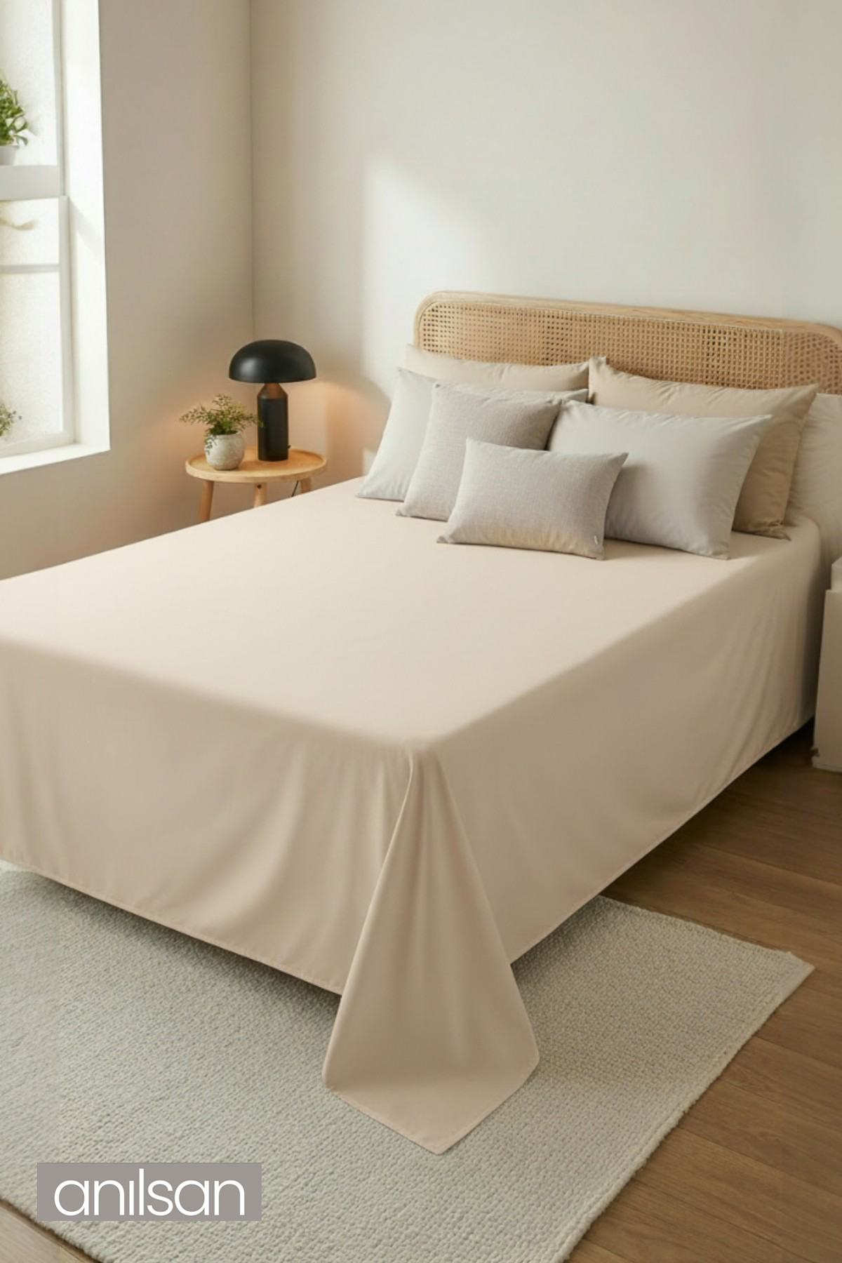 Camelia Çift Kişilik Düz Ranforce Lastiksiz Çarşaf - Bej %100 Pamuk