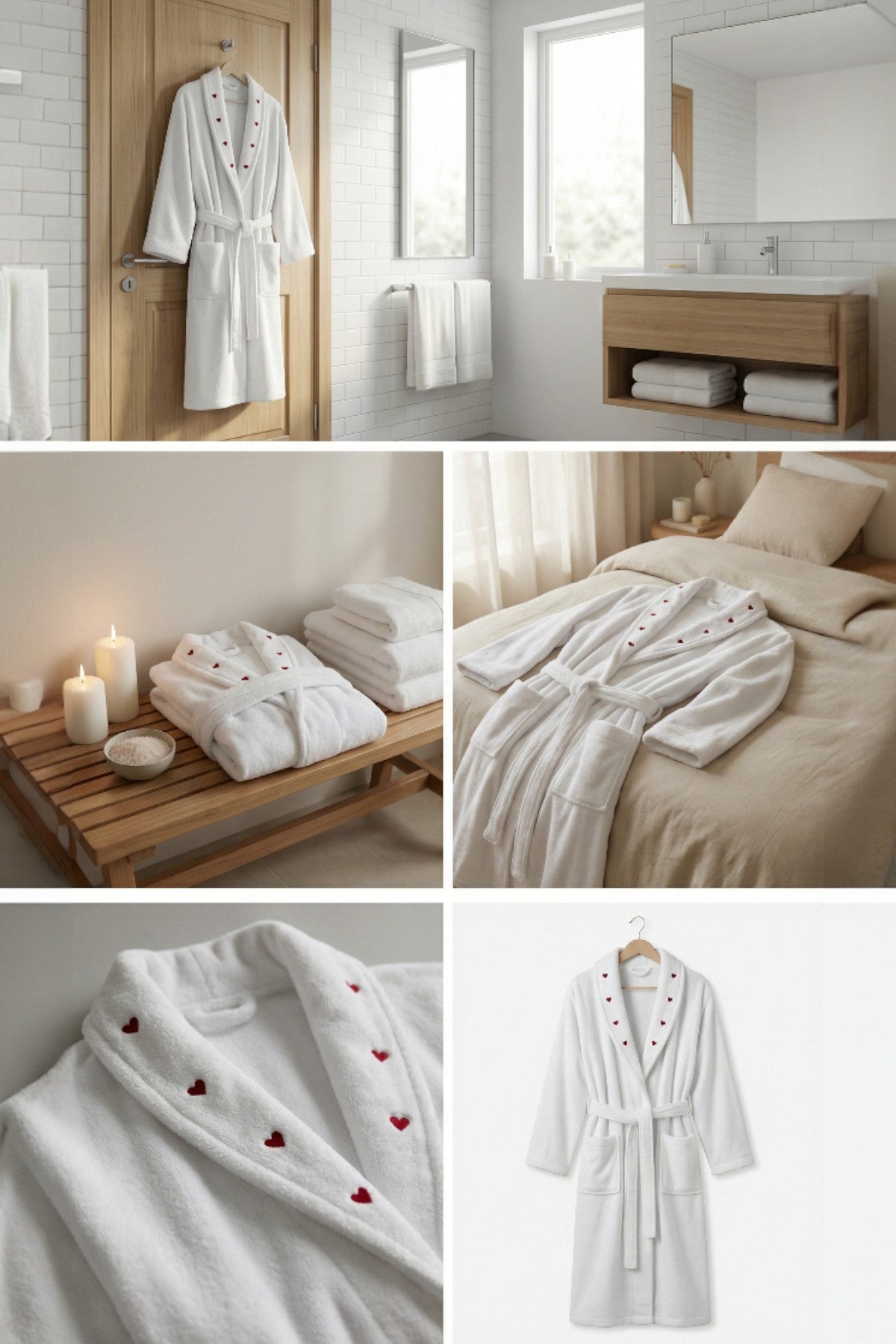 Şalyaka Bornoz Beyaz, Kalp Nakış %100 Pamuk Unisex Spa Için Ideal Kadın