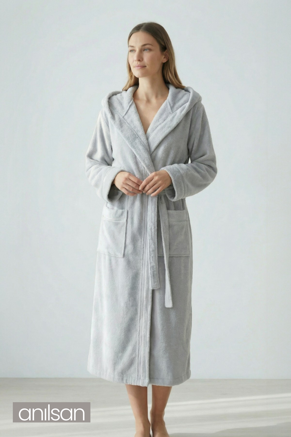 Şalyaka Bornoz Kapüşonlu Gri %100 Pamuk Unisex Spa Için Ideal Kadın/Erkek